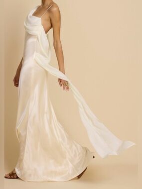 Arcina Ori, Chiffon-Detailed Satin Gown Maxi with Draped Scarf.Helena Ivory.